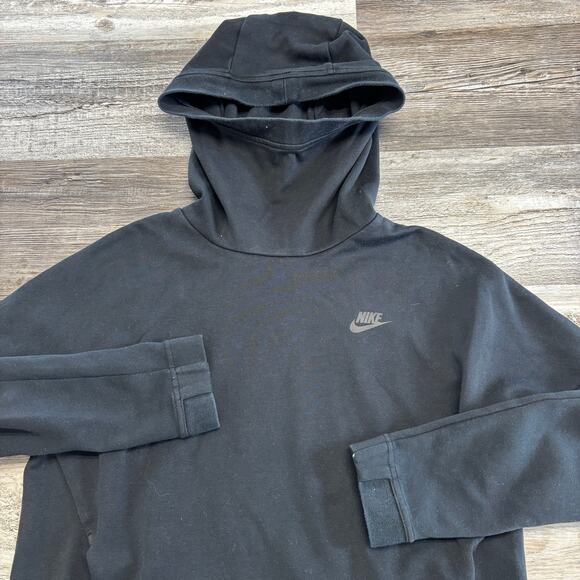 Nike Tech Black Women M Funnel Neck Spell Out Mini Swoosh Fleece Pullover Hoodie - Picture 2 of 9